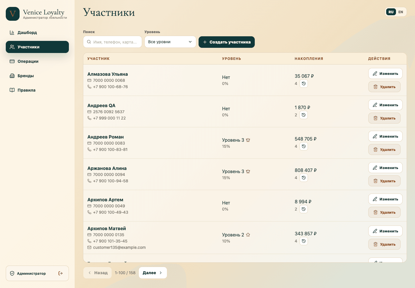 Venice Loyalty program interface